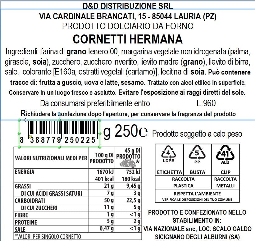 I CORNETTI " I LEGGERI" DI HERMANA SENZA LATTE E UOVA 250 gr