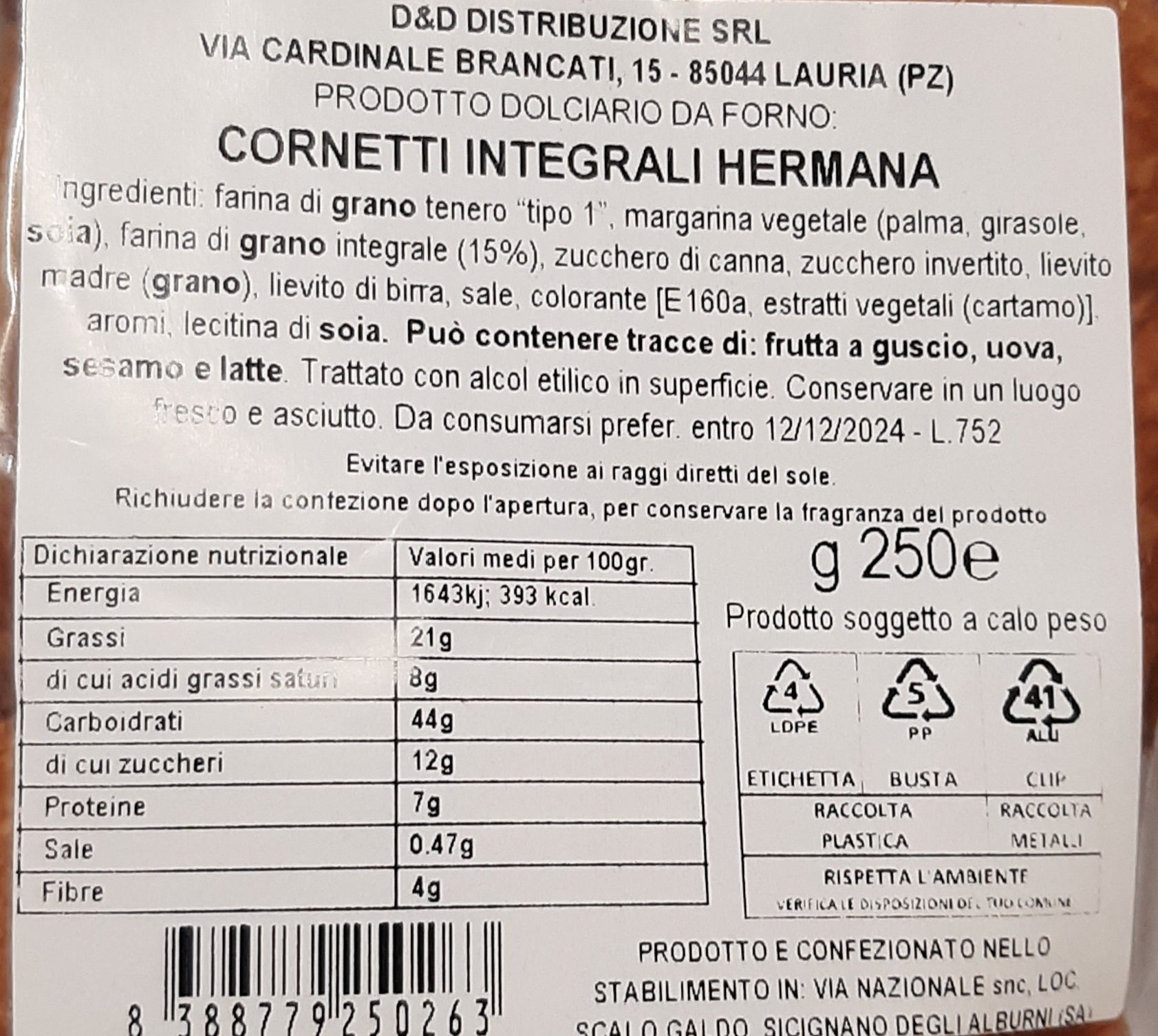I CORNETTI "GLI INTEGRALI" DI HERMANA RICCHI DI FIBRE 250 gr